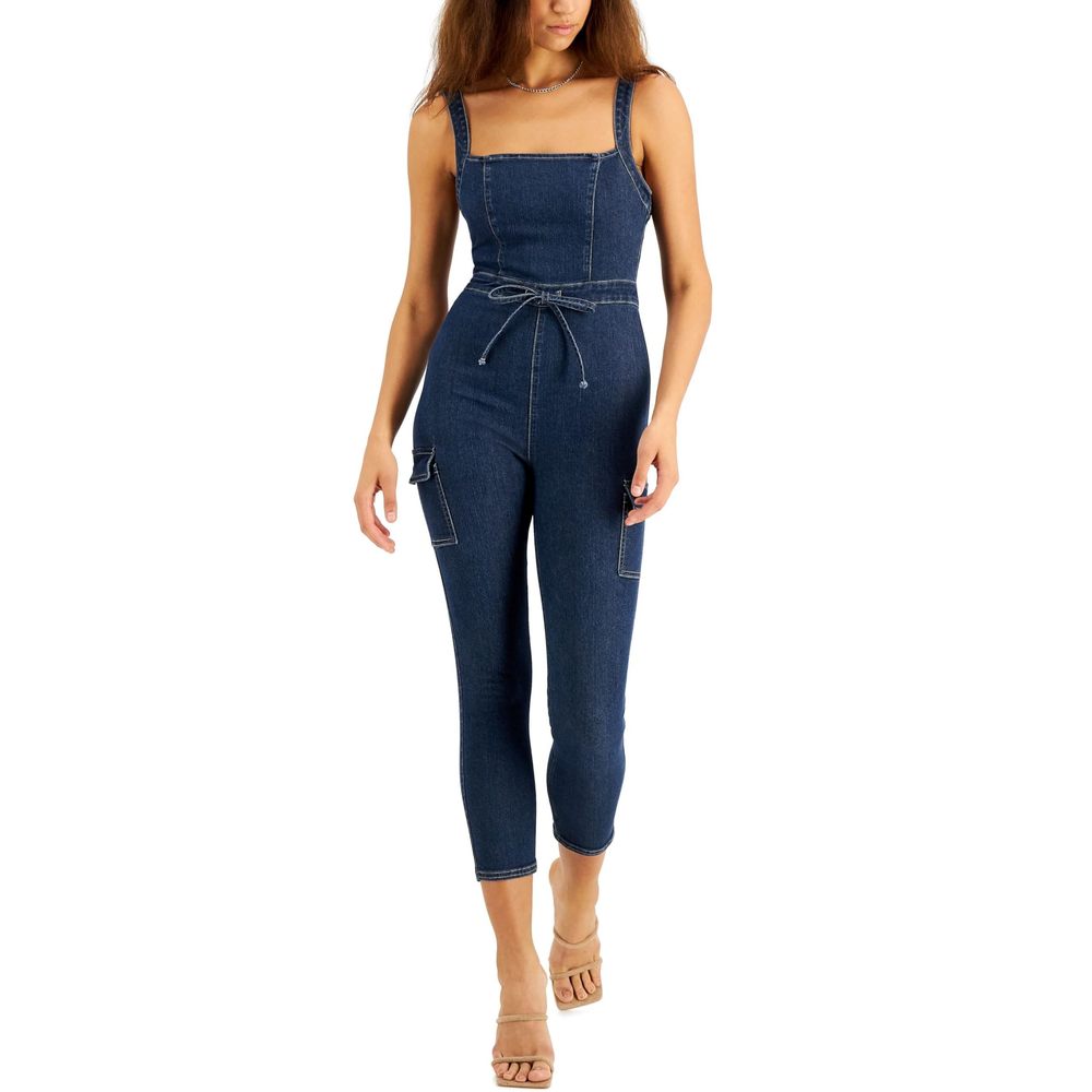 Juniors' Belted Denim Jumpsuit with Ruffle Dark Wash M